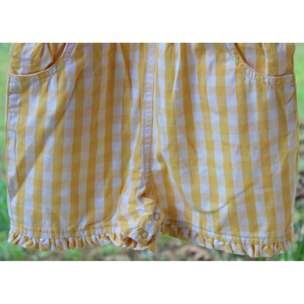 2002 Gymboree Fruit Punch Overalls Girls Yellow Plaid Ruffle Shortalls Pineapple